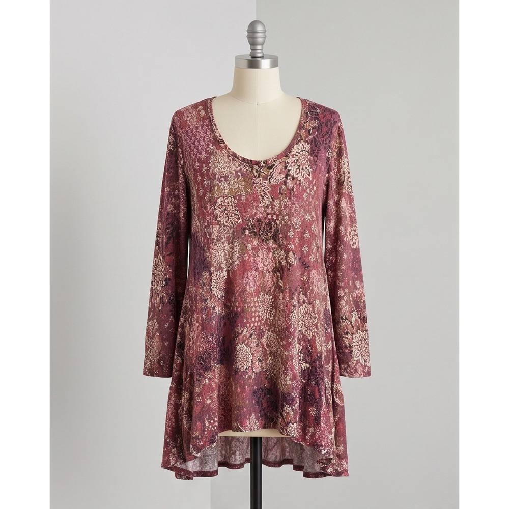 Chelsea Studio Womens Ruffle Asymmetrical Hem Tunic Top Floral Burgundy 1X